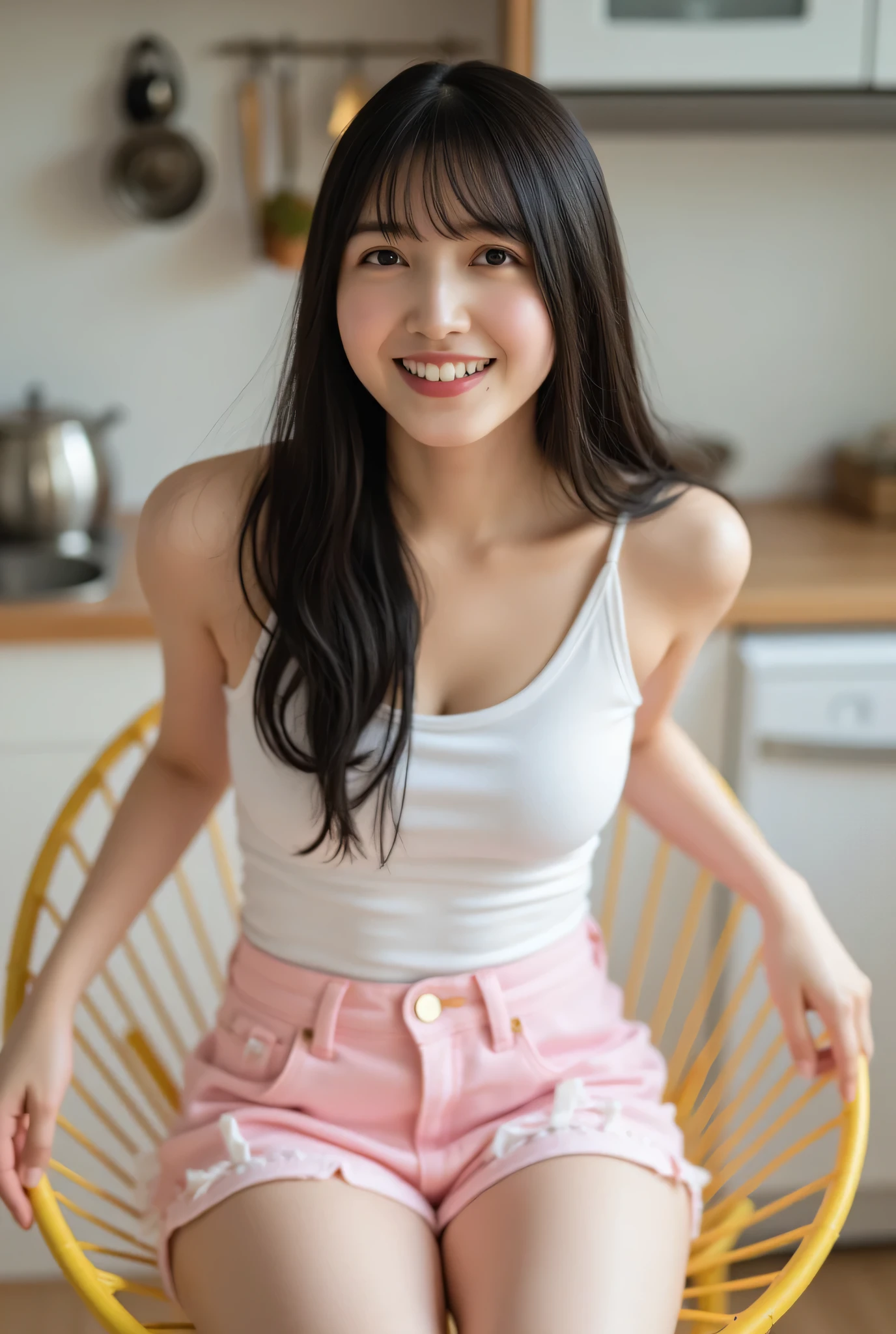 Photo of a smiling young woman, Shiori, with snowy skin, long dark hair , wearing loose, ((pale pink)),((micro-distressed denim shorts:1.5)), with blurred background , sitting in a yellow wire chair in a softly lit modern kitchen .((full body image:1.5))