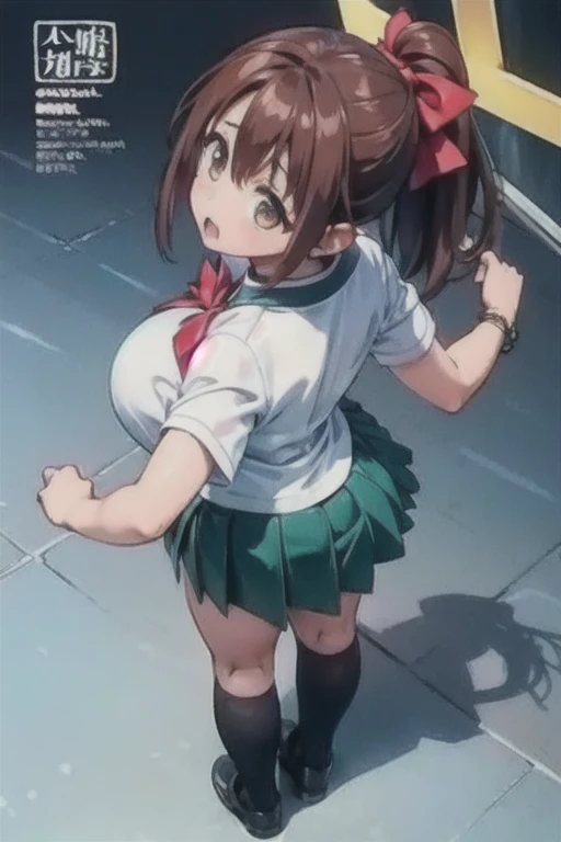 Super Saiyan God, from above, Brown hair, black and white clothes, clothes with blue lines, Dragon Ball DBZM, dazzling aura, A lot of action, black clothes with gray, lots of Ki energy, grass background, robotic, Hatsune Miku, huge breasts, by the celestial