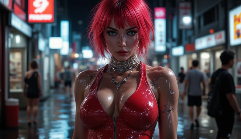 a cute woman (random fantasy race), 25 years old, giga busty, wearing a string bikini, dancing and flirting on stage under the spotlight, pale makeup, deep red lipstick, camera angle low looking up, fantasy magic strip club, hyper detailed, masterpiece, 8k, photorealistic, intricate details, volumetric lighting, dynamic pose, dramatic lighting, neon colors, moody atmosphere
