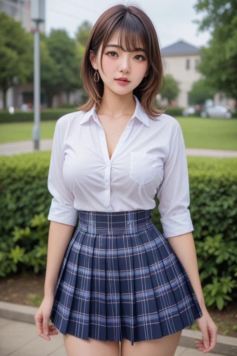 NSFW, 8k original photo, best quality, masterpiece, ultra high resolution, film grain, Movie, 1 girl, curvy,looking at the audience, natural skin texture, Realistic eyes and facial details, full lips, lipstick, (cosmetics), red eye shadow, fluffy short hair, messy hair, Smile, shut up, beautiful leg, tall girl, skinny, Slim_leg, alone, huge breasts, deep v, Position your hips toward you, miniskirt, yes, shirt, beautiful natural location, Around the flower location, (Detailed background), latticepleated skirt, 白色shirt, huge breasts, split, Show a little split through the shirt, Loafers, vague background, vague, Keep, lattice, short sleeves, jk ribbon on the neck, jk ribbon, brown hair, bracelet, Bangs, Uniforms, jewelry, parted lips, lips, from the side, pleated skirt, depth of field