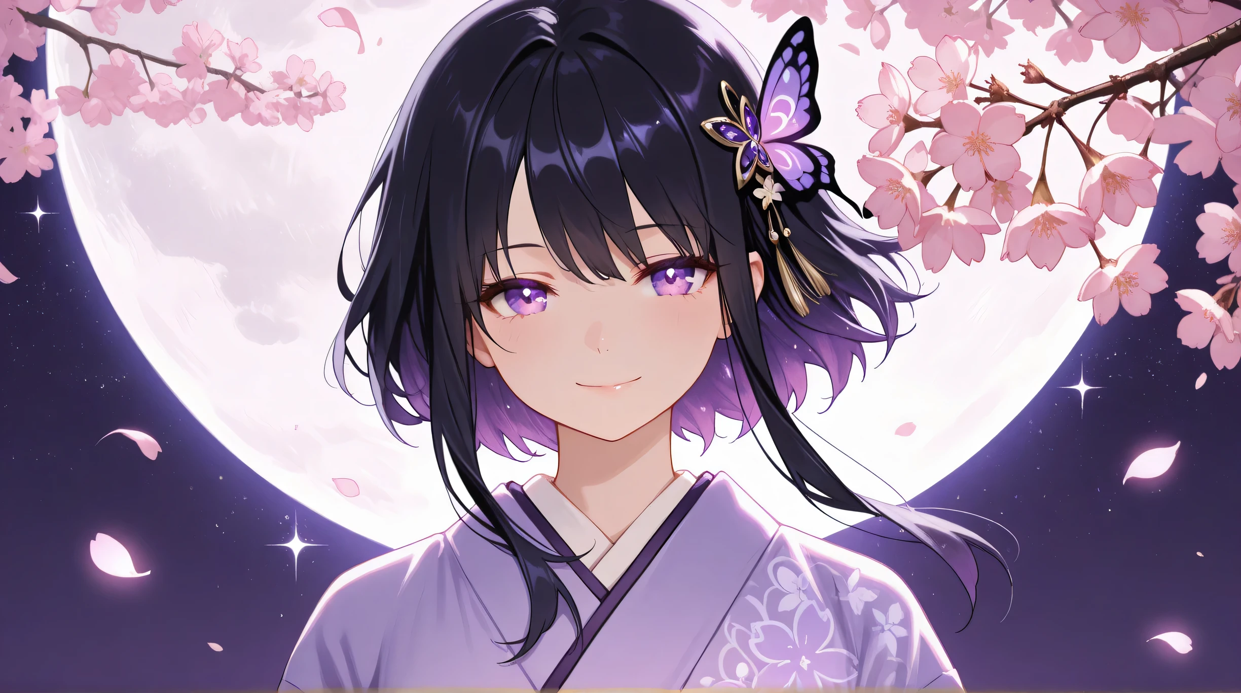 Masterpiece, Best Quality, Top Quality, Very Detailed, 1 girl, A mesmerizing anime-style illustration of a beautiful young woman with short black hair fading into vibrant purple, adorned with a delicate butterfly hairpin. She wears an elegant purple kimono with intricate patterns, softly draped over her shoulders. The full moon in the background bathes her in a gentle glow, with cherry blossoms drifting in the wind, creating a serene and dreamy atmosphere. Her violet eyes sparkle as she gazes with a gentle yet mysterious smile, embodying grace and ethereal beauty. Ultra-detailed, high-resolution, soft cinematic lighting, glowing petals, atmospheric depth.