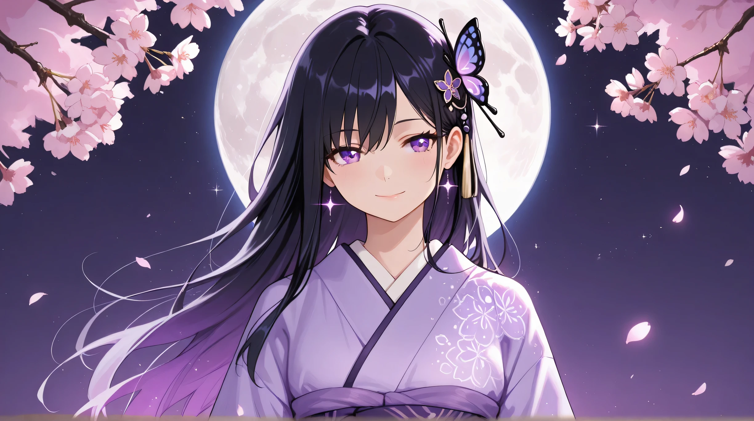 Masterpiece, Best Quality, Top Quality, Very Detailed, 1 girl, A mesmerizing anime-style illustration of a beautiful young woman with short black hair fading into vibrant purple, adorned with a delicate butterfly hairpin. She wears an elegant purple kimono with intricate patterns, softly draped over her shoulders. The full moon in the background bathes her in a gentle glow, with cherry blossoms drifting in the wind, creating a serene and dreamy atmosphere. Her violet eyes sparkle as she gazes with a gentle yet mysterious smile, embodying grace and ethereal beauty. Ultra-detailed, high-resolution, soft cinematic lighting, glowing petals, atmospheric depth.