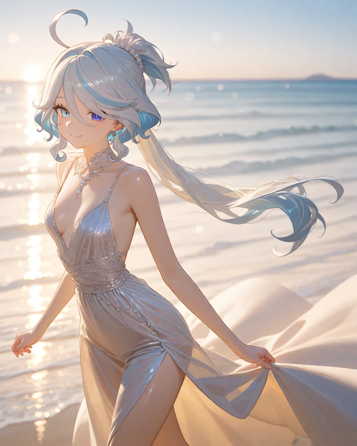 1girl , elf , elf girl , solo , (silver loose curly hair:1) , (small breasts:1) , (dolla:1) , plastic skin , plastic , sheer summer dress , running on beach , from back , looking back , happy , see-through , silhouette , sunset , horizon , close up , ray tracing , masterpiece , ultra detailed CG , <lora:dolly-merge-xl_v1:1>