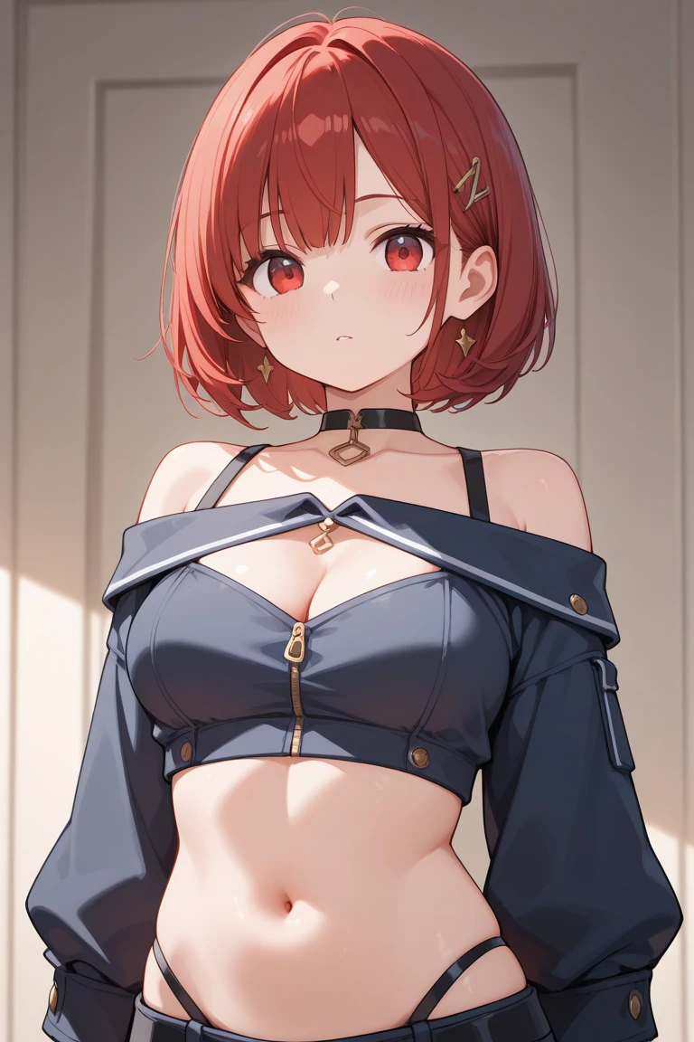 An anime girl with red hair and blue eyes wearing a skirt and an open shirt revealing a black and red bra