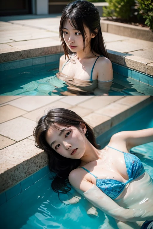 Anatomically normal,Studio soft light (Studio soft light) (Studio soft light (Studio soft light,)), rim light, Vibrant details, Super details, Realistic skin texture, Details, beautiful eyes, High detail CG Unity 16K wallpaper, cosmetic-, (Detailed background:1.2、swimming pool、above knee),bikini,bend over