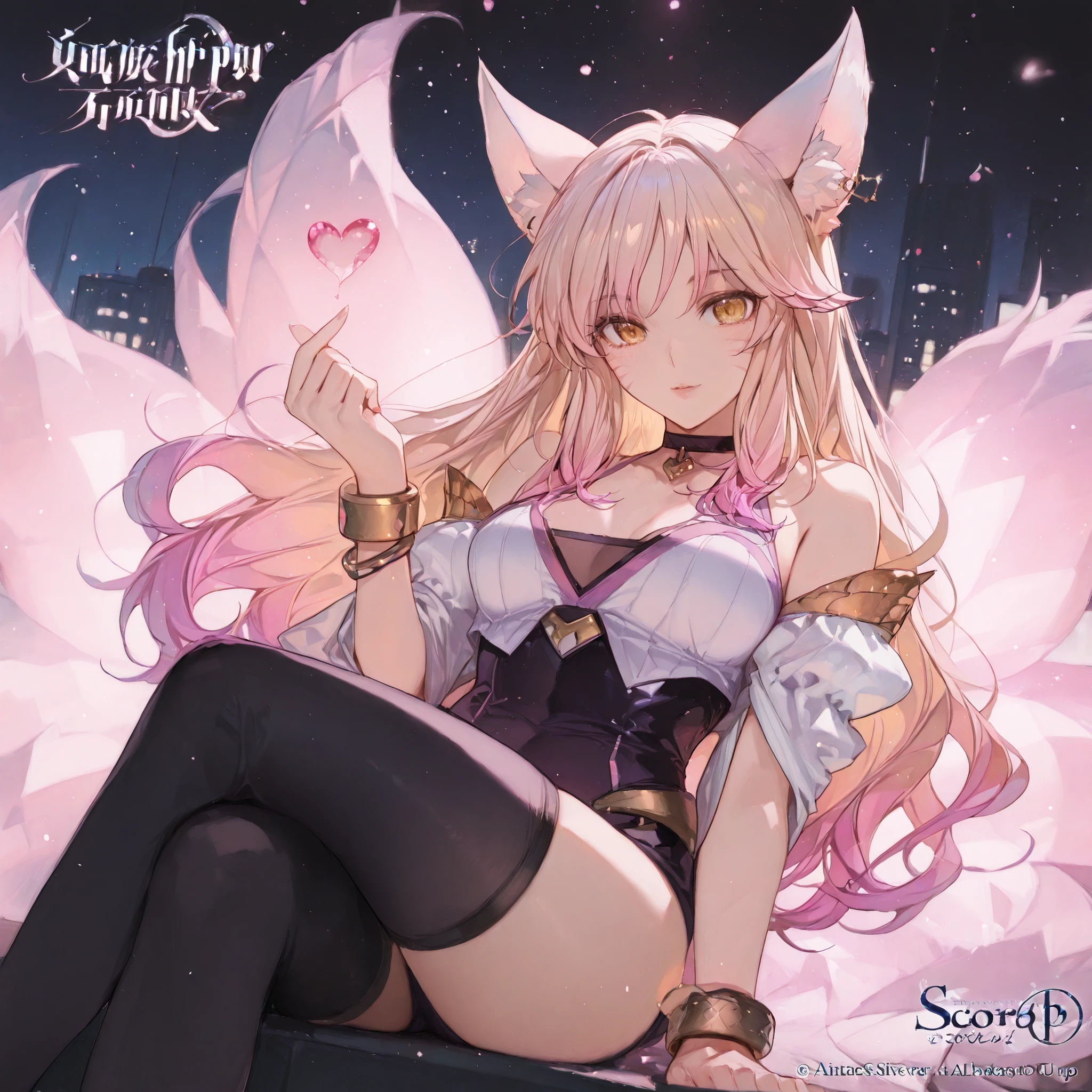 Highly detailed, high-quality illustration (score_9, score_8_up, score_7_up, score_6_up, score_5_up, score_4_up, 4k, 8k), 1girl, solo,  fox ears, pink hair, [(gradient hair from silver to pink:1.4):0.4], long hair, golden eye, turime, fox ears, jewelry, whisker markings, heart choker, black thighhighs, bare shoulders, fox tail, multiple tails, bracelet, leotard, lips, face focus, dramatic angle, crossed leg, colol, night, from above
