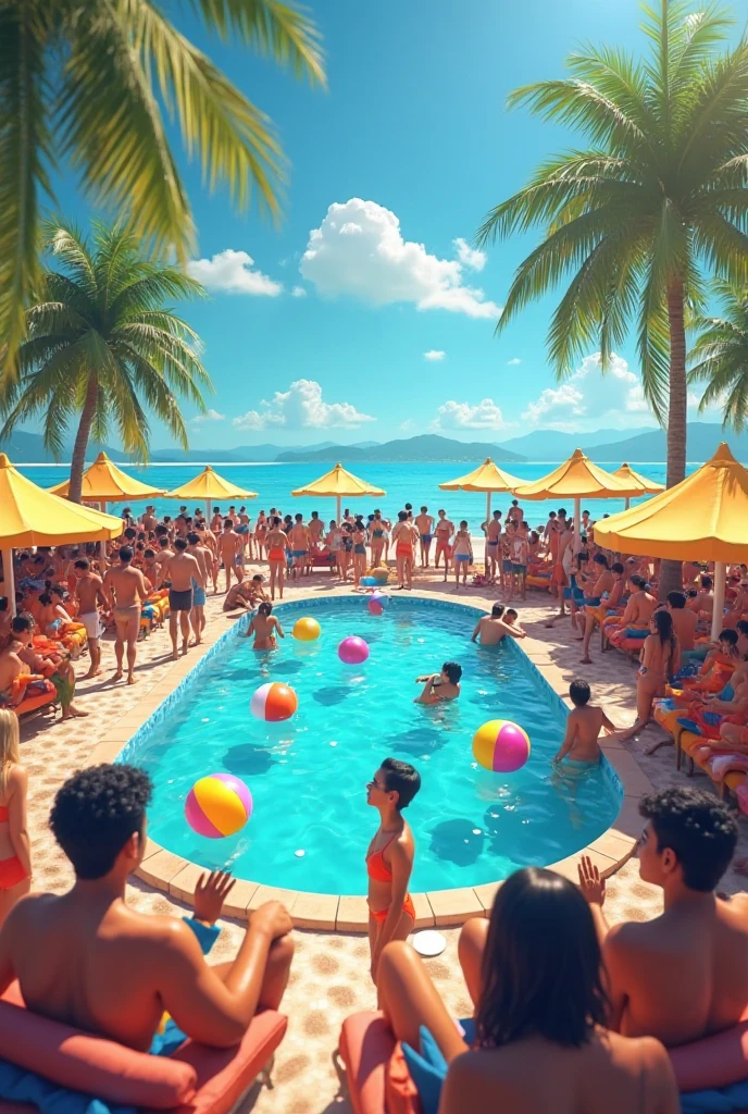 pool party, between men and women, everyone very excited and happy.