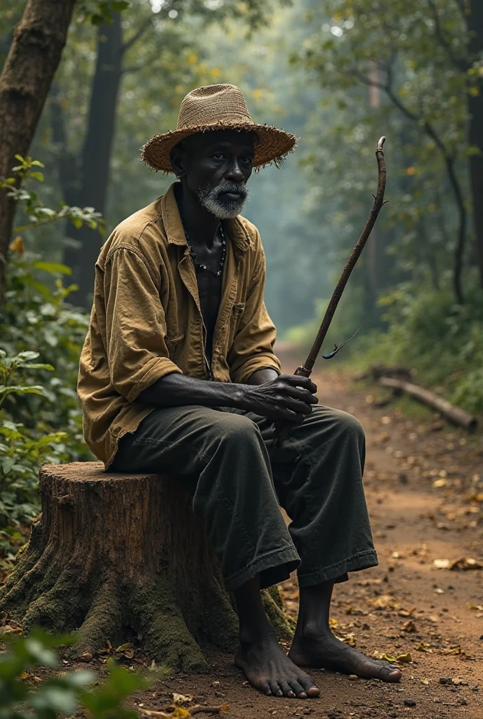 A 40 year old black man, with a mustache, leather hat, old yellow crochet shirt, smoking a pipe in the woods