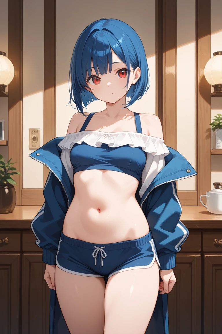 all realistic intricate details, masterpiece, best quality, highres, rem1, 1girl, solo, rem \(re:zero\), blue hair, short hair, red eyes, hair over one eye, ribbon trim, hair ribbon, x hair ornament, frills, crop top white, denim shorts,medium breasts, cleavage, sedection pose , hair flower, outdoor, standing, smile, perfect background, perfect light