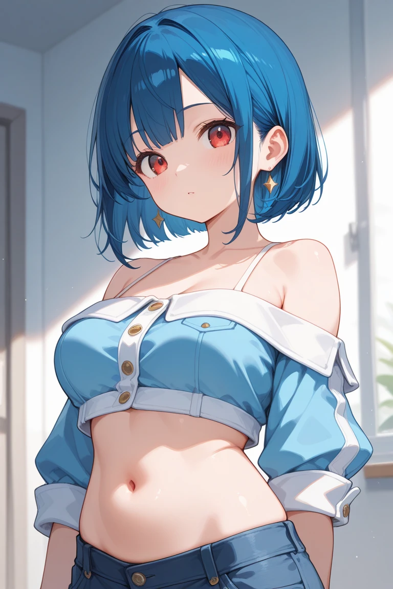 masterpiece, best quality, highres, ram1, 1girl, solo, rem \(re:zero\), blue hair, short hair, red eyes, hair over one eye, ribbon trim, hair ribbon, x hair ornament, frills, crop top white, denim shorts,medium breasts, cleavage, , hair flower, outdoor s, standing, smile, perfect background, perfect light
