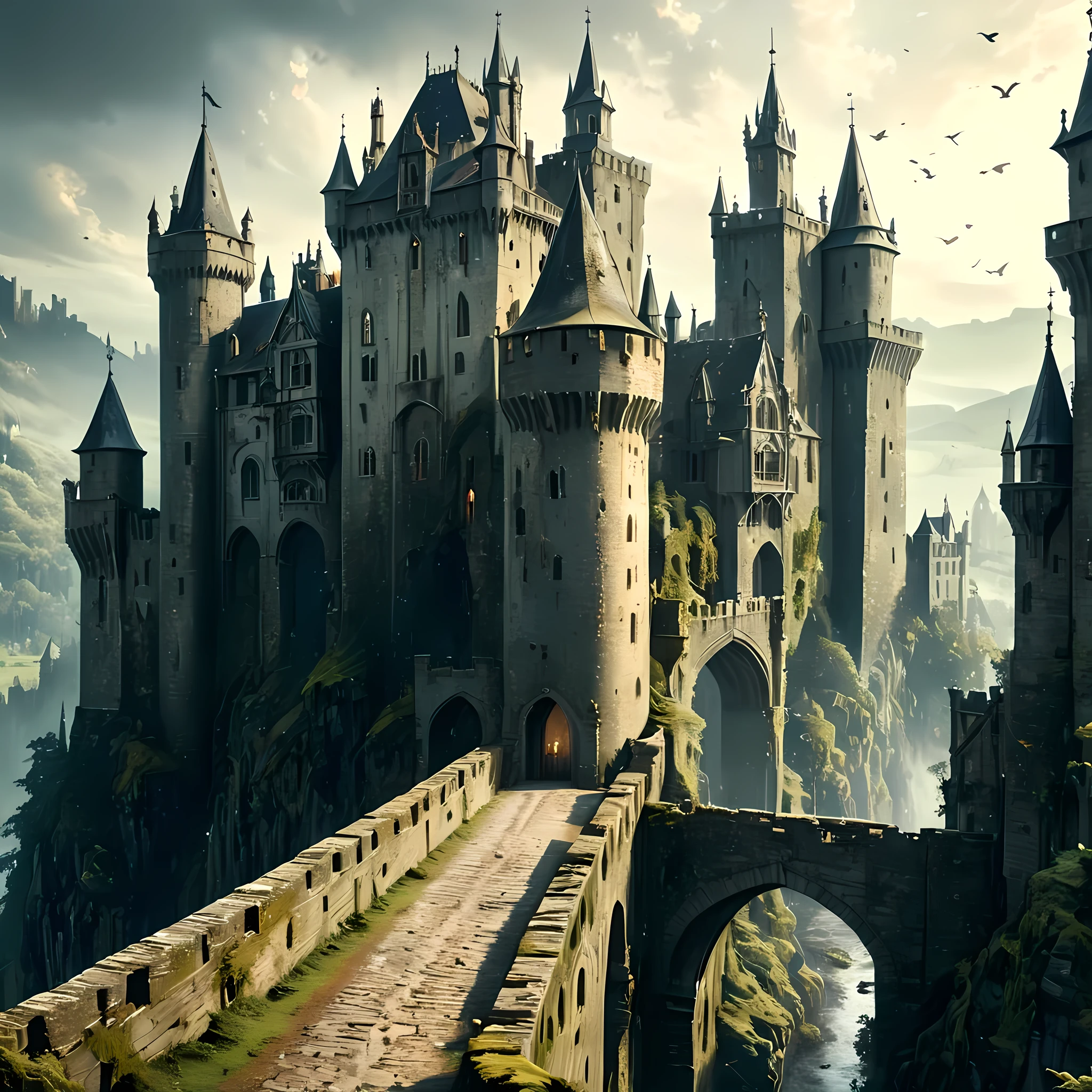 ((semi-realistic art, castle with five towers, bridge connected to the castle entrance, gray colored castle, epic fantasy art)), aged moss on castle walls, castle in the middle of the forest, twilight sky, birds flying in the sky | ((best image quality, best shading, best sharpness, masterpiece, full HD)), (side angle, castle seen from close up).
