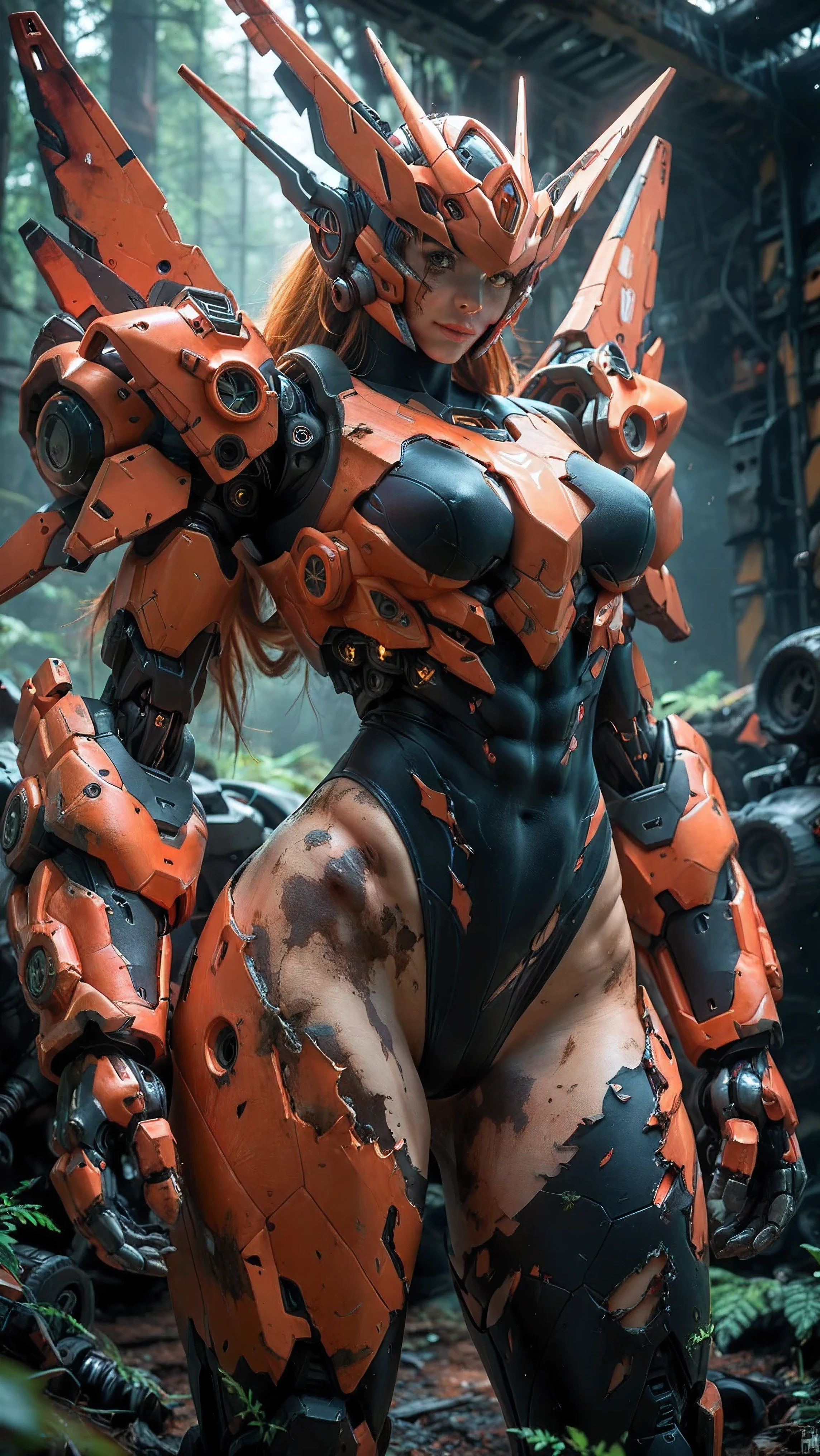 1 mecha girl, ((asymmetric big mechanic limbs)), mecha, damaged, rust, moss, dirt, leotard, helmet, (slender body:1.2), (thick thighs, wide hips, muscle body), { (masterpiece:0), (best quality:0), (absurdres:0), (vibrant:0), (very aesthetic:0), high contrast, (realistic:1), (dramatic lighting:1.2), newest, score_9, score_8_up }, { }