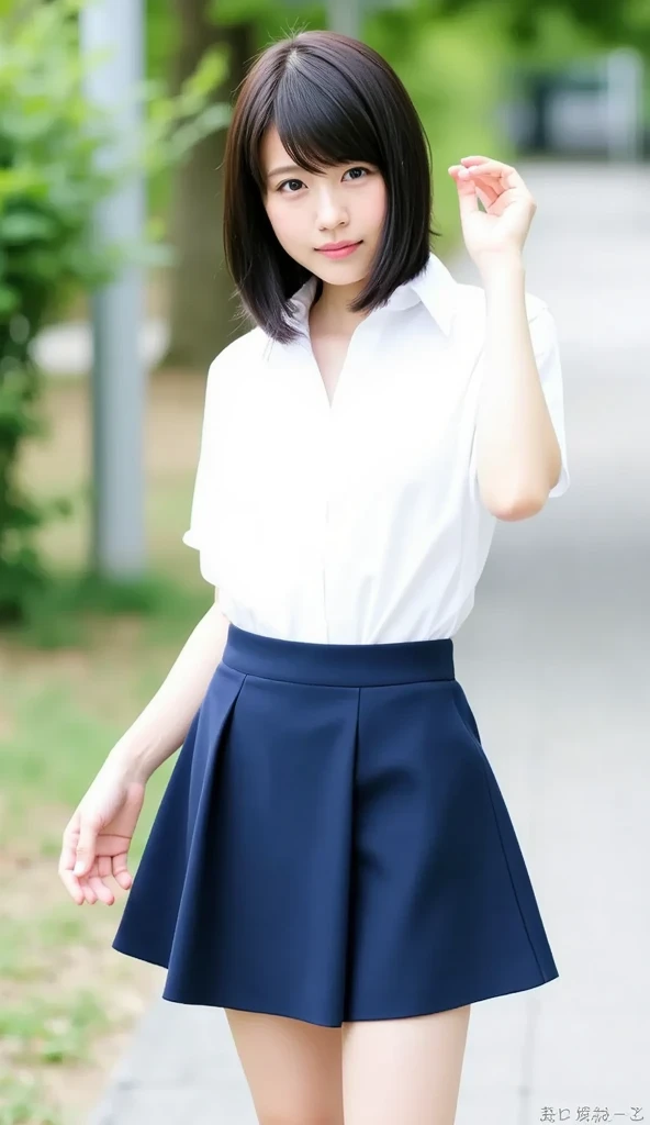 Japanese,17 years old,Innocent face,Teenage Girl,cute,Primary school students,Private elementary school,T-Shirts,mini skirt,Summer clothes,Are standing,City,In town,from the front,Close-up photo from the waist up,Double Bang,Blunt bangs,,short hair,Hair Clip,the wind is strong,Her skirt is rolled up,White panties,