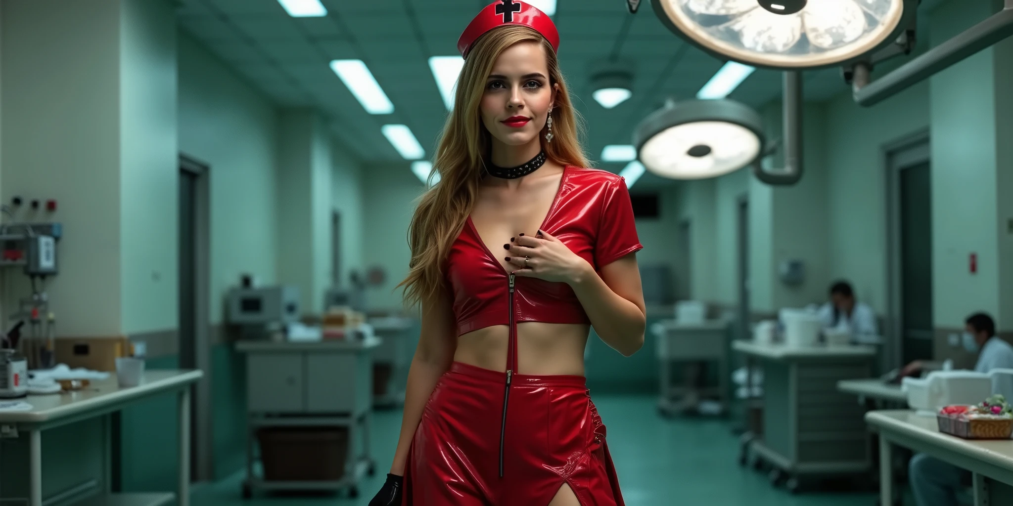 seductive nurse, very long honey blonde hair, hair tied over one shoulder, amber eyes, perfect face, perfect skin, perfect hands, perfect legs, blood red lips, glossy red pointed manicure, (suggestive smile: 1.8), (gazing at viewer), sexy confident gaze, low neckline, (red latex cropped short sleeves top with slitted pleated skirt), (zipper front), tiny red nurse cap with black cross, fingerless black gloves, matching ruby earrings and choker, sexy pose, one hand on front zipper, chest forward, arch back, hips up, thigh-high black stockings, empty surgical room background, large breast, cleavage cutout, depth of field, cinematic lighting, ray tracing, chiaroscuro, Surrealism, Fujicolor, masterpiece, 8k, award winning, super detail, NSFW, (full body view:1.5)