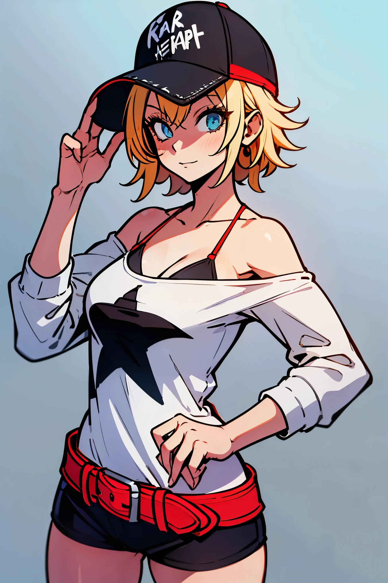 (master part, Best Quality, high resolution, Wallpaper, extremely detailed:1), (illustration:1.0), 1girl, Alicems , kalap, baseball cap, off the shoulder, clivagem, belt, sbikini, shorts , camisa,