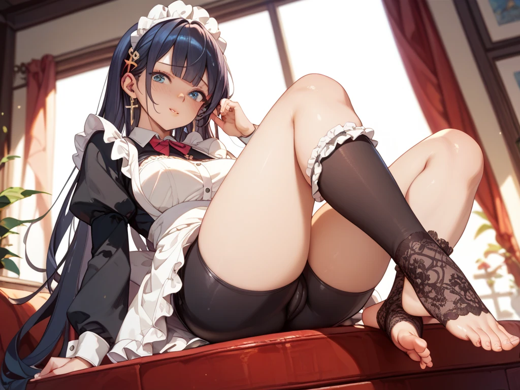 Masterpiece、Highest quality、Highest quality, (long and thin legs, shoes:1.2), Arm behind wrist, squat、Spread your legs、1 girl, (smile、Open your mouth大笑い:1.2), Cute eyes, (Detailed face:1.3)、Open your mouth, The whole face turns red, alone, Big and ample breasts, Oversized breasts, (Straight bangs, Twin tails), White maid outfit、Side bust、Underbust、belly button、Walking through the mansion&#39;corridor、nsfw