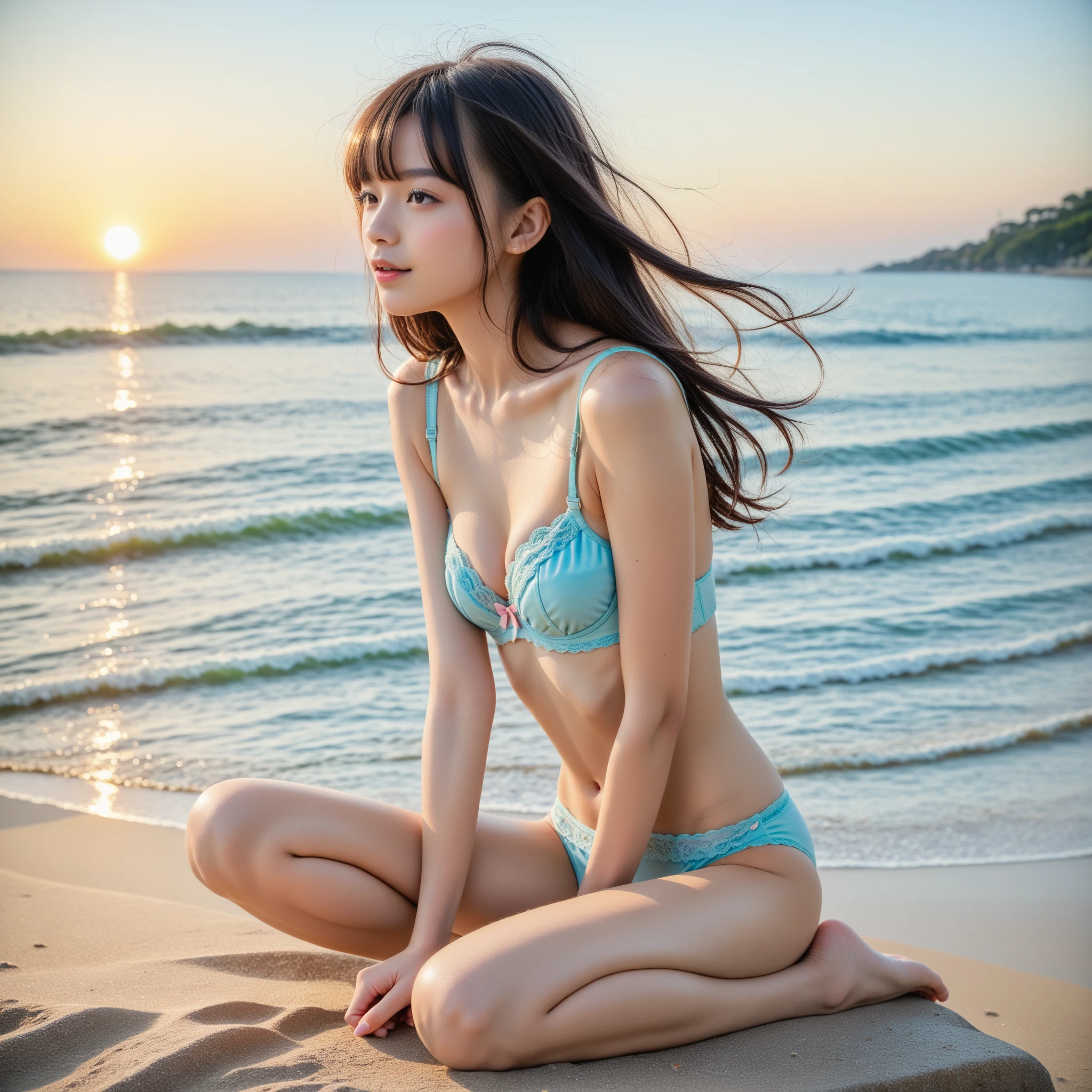 8k, (best quality), (masterpiece), full body, very detailed, high resolution, 8k, (normal breasts), thin lips, detailed face, cute Japanese woman, cute 24 year old beauty, beautiful and graceful face, Cute face, natural bangs, arched eyebrows, well-groomed eyebrows, (big eyes with balanced left and right sides), cute eyes, beautiful eyes, beautiful thin nose, beautiful face line, beautiful skin, medium bob hair, natural bangs, Slim face, slim figure, (looking at the camera with a gentle smile), lighting on the face, bright lighting, professional lighting, forward lighting, (wearing a micro bikini), beautiful cleavage, wet hair , wet skin, a swimsuit that looks like underwear, beautiful legs, smooth skin, slim and beautiful thighs, ((Bathing on the beach wearing a micro bikini)), a summer morning, a sea without waves, (light shining on my face) , beautiful cleavage, 1 girl, cute and sexy slim 24 year old woman, fair skin, (cute smile), pure white beautiful sand, tropical beach, Micro bikini with random colors, Micro bikini with random pattern, lying on the beach,