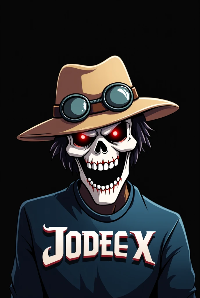 cartoon simplified skull wearing a blue snapback cap and glasses with opaque light blue lenses looking at the camera without eyes without hair flat lighting