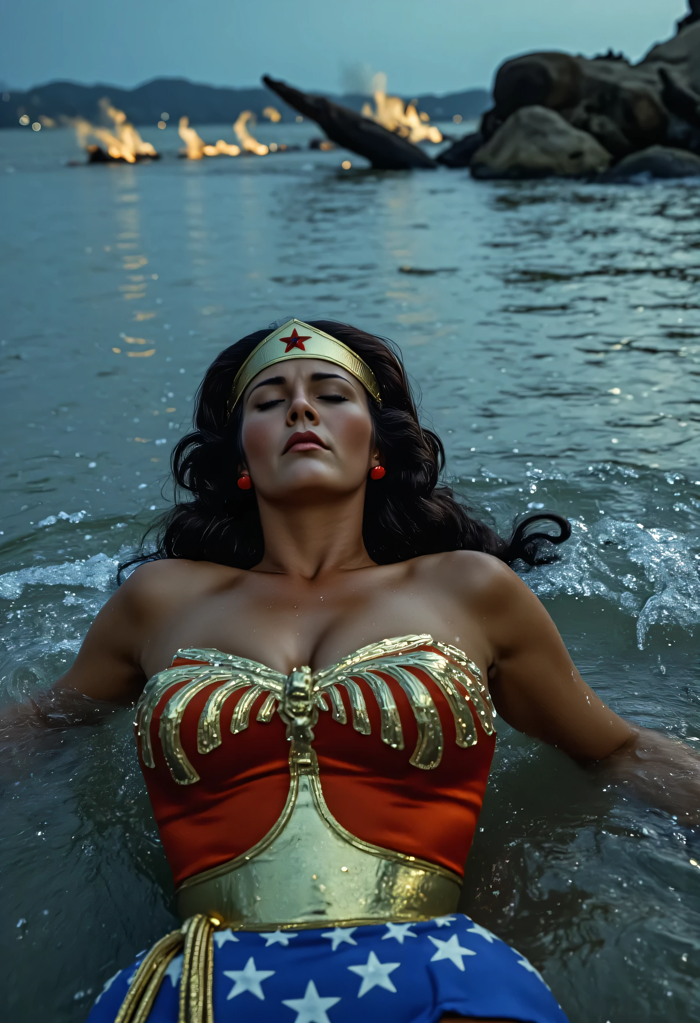 (Wonder Woman, laying in shallow ocean waves after battle, no cape, red and gold armor scratched and wet, golden lasso drifting beside her, expression calm but exhausted), moonlight reflecting on water, distant fires on the shore, soft ocean spray, cinematic and emotional tone, (sakimichan), (score_9, score_8_up, score_7_up), 1dk, 8k, masterpiece, high quality, (Expressiveh:0.8)