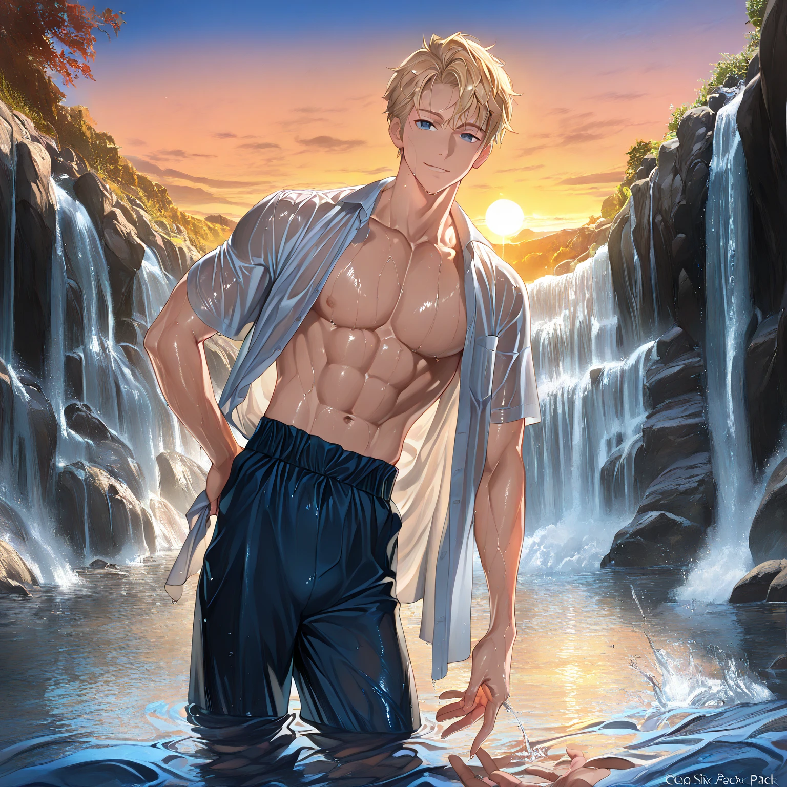 an attractive, slender man with blond hair, light blue eyes, Korean, muscular torso, bathing in a waterfall