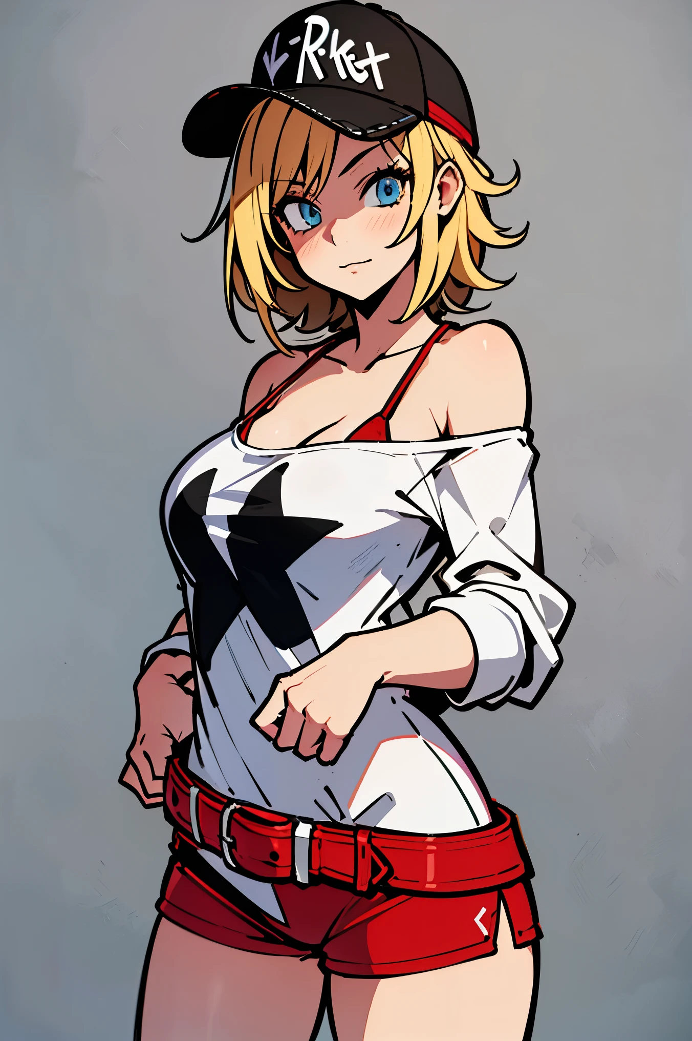 (master part, Best Quality, high resolution, Wallpaper, extremely detailed:1), (illustration:1.0), 1girl, Alicems , kalap, baseball cap, off the shoulder, clivagem, belt, sbikini, shorts , camisa,