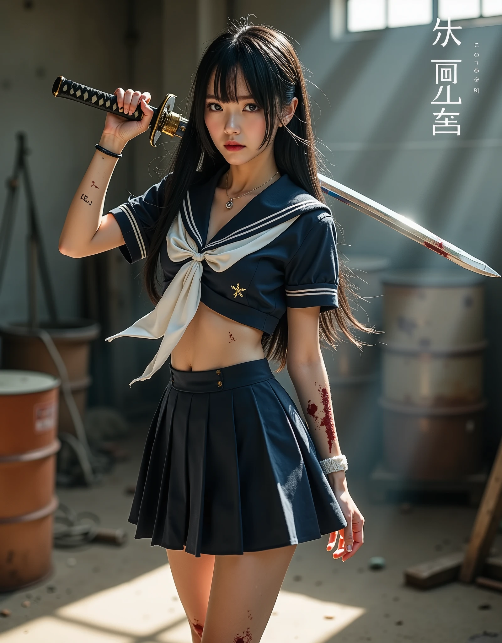 ((((anatomically correct human body structure)))、(((masterpiece、Best Quality:1.4)))、((real、very detailed、 Best Skin Details 、ultra high definition:2.0))、((real肌の質感:1.4))、(((real写真)))、((((photorealistic:2.0))))、absurd、Best Quality、((focus on the face:1.4))、(((NSFW)))、Best Qualityのスーパーレンダリング、(((超real)))、((very detailed描写))、(((1 high school girl:1.5)))、((( an 18-year-old Japanese super cute and cool high school girl 、 wearing a dark blue long sleeve sailor suit torn all over :2.0)))、((斜め横からのfull body shot with mahiru、 Wide angle shot from slightly below 、I can see the chest side 、24mm lens:1.4))、(((It shows everything from the cutting edge of the Japanese sword to the girl's foot :1.5)))、(((realな日本刀、The exact shape of a Japanese sword 、 the blade shines sharply:1.5))), ((The girl's height is 160 cm、The length of the Japanese sword is 90cm、Blade length 70cm 、 handle length 20cm))、(( balance the entire body、Eliminate too long torso ))、((((Japanese sword with a straight, shiny blade 、She is holding the grip of a Japanese sword firmly with both hands and raising both elbows high, holding it above her head:2.0))))、(((( I don't hold anything other than the grip 、Never hold the blade part :2.0))))、(((( cross your arms around your wrists and place your left hand on the upper side and your right hand side down side by side to hold the grip of a Japanese sword firmly :2.0))))、((((Posture of the haze:2.0))))、(((I'm holding one part of the Japanese sword grip with both hands:2.0)))、((( Hold the blade tip of the Japanese sword diagonally upward and hold it sharply :2.0)))、((((She has a cute and cool face and is glaring sharply at you、 a super cute and cool 18-year-old high school girl :2.0))))、((She is wearing black leather gloves with fingertips、She has cuts and bleeding on both legs:1.5))、((( definitely has a strong grip on a Japanese sword:1.5)))、(((I never hold a blade :2.0)))、(((The Japanese sword has only one grip :2.0)))、(((Aiming for the correct shape and balance of the entire body :2.0)))、(((Realistic photo、 illustrations prohibited:2.0)))、((bloodyの汚れた白い靴下と白いスニーカーが見える:1.4))、(((beautiful black hair、 Long straight hair blowing in the wind:1.5)))、((( my face, body, and clothes are stained with sweat, blood, and mud:1.5)))、((( I'm sweating quite a bit between my neck and cleavage )))、 high definition face、Beautiful and delicate face、(((Her bloody and dirty white socks and white sneakers are visible:2.0)))、(( spotlight on face and chest :1.5))、(((There is a lot of sweat on her forehead、She is dirty with mud and sweat、Very stern look)))、((詳細でrealな茶色の瞳))、(((realな瞳にキャッチライト:2.0)))、(((Detailed Long Lashes )))、((realな唇))、((full body shot with mahiru:1.5))、(( upper body shot above the knee :1.2))、(( accurate balance of the whole body :1.5))、Accurate arm shape、 accurate hand shape、(Accurate hand finger shape )、(exact number of fingers after hand work、5 )、Accurate leg shape、( how to hold an anatomically accurate grip ) 、((Japanese high school uniform、torn uniform 、A uniform stained with blood and mud :1.5))、((( wearing a dark blue long sleeve winter suit that is torn here and there and is stained with blood and mud wearing a navy blue flared skirt :2.0)))、(( wearing a navy blue flare skirt with the hem torn quite a bit and is stained with blood and mud :1.5))、((紺色の長袖セーラー服の破れた所と white scarf stained with blood の間から汚れて着崩れた白いビキニタイプのブラジャーとバストの下乳が少しだけ見える:1.3))、((( white scarf stained with blood )))、((She has the tip of her Japanese sword pointing upwards:1.5))、((live action))、((bloody))、(full of wounds)、(Bruises、Internal bleeding)、((( can see bleeding stomach and navel after being cut 、 bleeding from cuts :1.he is bleeding from cuts、She has a lot of sweat on her forehead:1.5))、((Her navy blue skirt is torn and bloody and dirty with mud,  Injured and bleeding,  dirty navy blue long sleeve sailor suit :2.0))、((She is preparing to slash with the tip of her Japanese sword pointing upwards:1.5))、( Inside an old large warehouse with abandoned depth )、 2 rusted drums 、Waste materials、scoop、 Blood Splashes on Floors and Walls 、(( Strong light from a window shines in in the dim ))、( The light from the window is sharply reflected on the blade of a long Japanese sword )、((( impressive pose where you feel movement 、Shaking due to movement of hair, jacket, and skirt :1.5)))、(((Impressive footage )))、((Impressive cinematic depiction ))、(professional lighting)