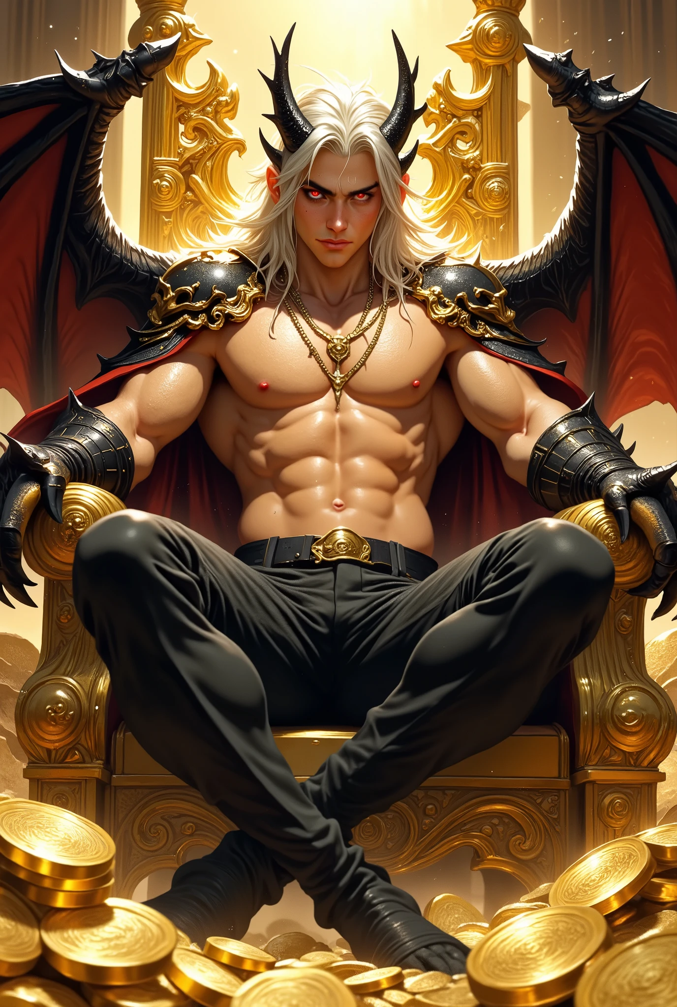 1 male with two hemipenises, Anime illustration semi-realism of Chinese human dragon hybrid male, crooked grin, smirk, semi realistic, shirtless, topless, without shirt, (((without pants, without trousers))), muscular, (((super broad shoulders, broad shoulders, very broad shoulders))), (((smaller waist, slimmer waist))), (((slim jaw, narrow jaw))), slightly muscular body, (((Asian eyes, monolid eyes, slanted eyes, red eyes))), (((long white sideswept hair with bangs fringe))), (((long hair))), (((long white hair))), pretty lips, full lips, (((red eyes))), sleek design, (((smirking))), masculine facial features, detailed face, handsome face, sharp facial features, sitting leaning back on big golden throne on top of gold coins arms on armrest, (((looking at viewer))), dynamic light, (((has big black and red dragon wings))), ((((has two black dragon horns on head)))), (((has one black dragon tail))), (((black pointy jagged armor on hands, black pointy jagged armor on shoulders))), black pointy jagged armor, (((has two hemipenises, has two black scaled hemipenises))), naked, (((naked legs, naked torso))),