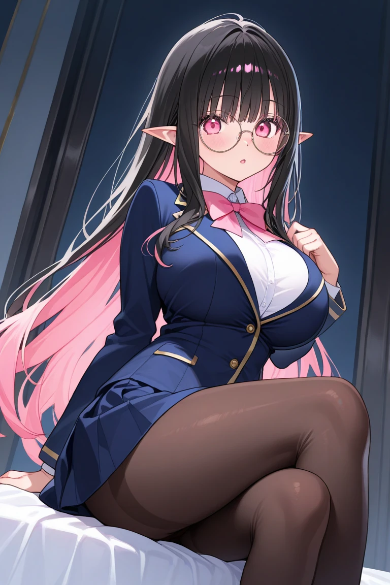 noodlenood style, 1girl, halo, breasts, solo, pointy_ears, pantyhose, high_heels, long_hair, necktie, sitting, black_hair, blue_eyes, blue_necktie, large_breasts, white_gloves, earrings, glasses, gloves, jewelry, eyewear_removed, looking_at_viewer, black_pantyhose, bangs, parted_lips, crossed_legs, jacket, sideboob, sleeveless, smile, very_long_hair, window, dress, hand_on_own_knee, cityscape, white_footwear, blue_hair, indoors, half_gloves, swept_bangs, white_dress, jacket_on_shoulders, blush, bare_shoulders, white_jacket