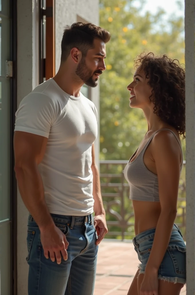 A 25 year old man with short brown hair talking to a short 45 year old woman