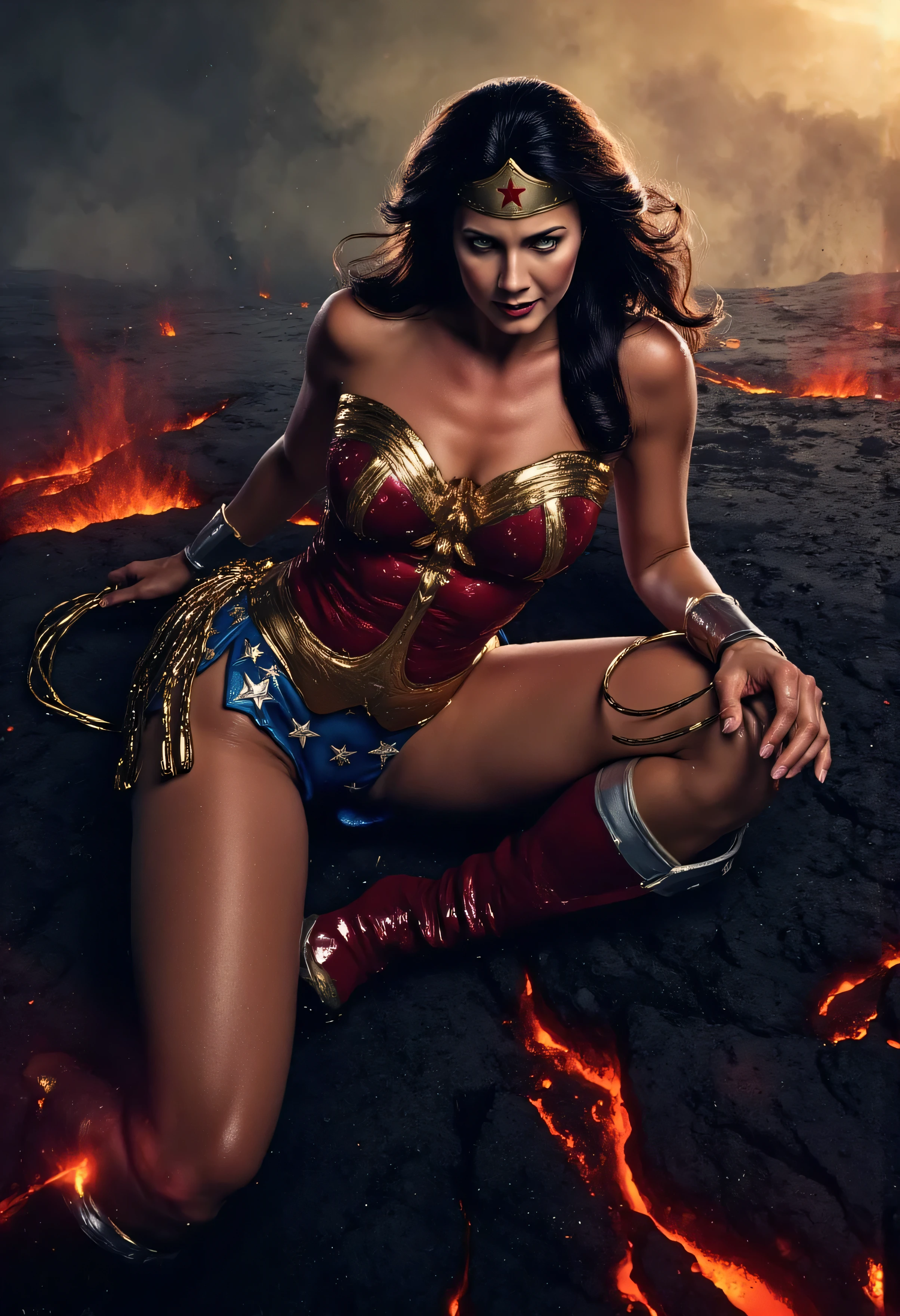 (Wonder Woman, laying on black volcanic ground, no cape, heat waves rising around her, molten cracks glowing under her body, armor scorched, hand clutching golden lasso, eyes fierce), apocalyptic atmosphere, glowing red mist and ash in the air, raw cinematic energy, (sakimichan), (score_9, score_8_up, score_7_up), 1dk, 8k, masterpiece, high quality, (Expressiveh:0.8)