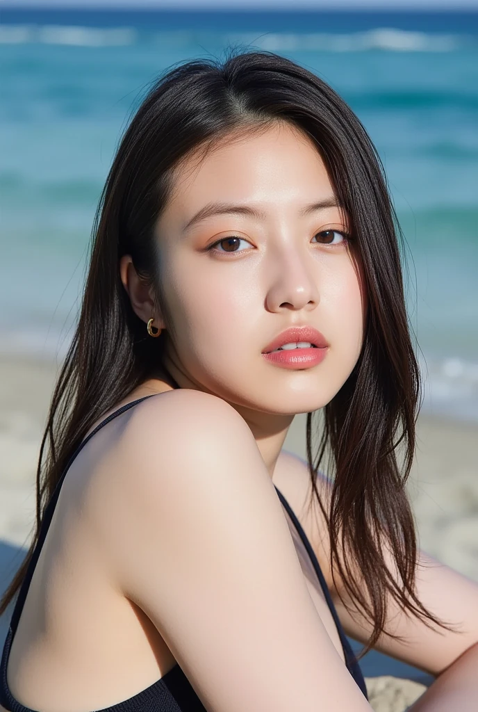 (Editorial photograph of a 19-year-old Japanese woman), (Highly detailed face) ,(smile: 0.6) ,(realistic background of a beach), large breasts, red bikini. Nikon D850, film stock photo, 400mm Retro focus lens, f/1.4 camera, rich colors, hyper-realistic, textured, dramatic lighting, Cinema 800, professional makeup, slight sun-kissed complexion.