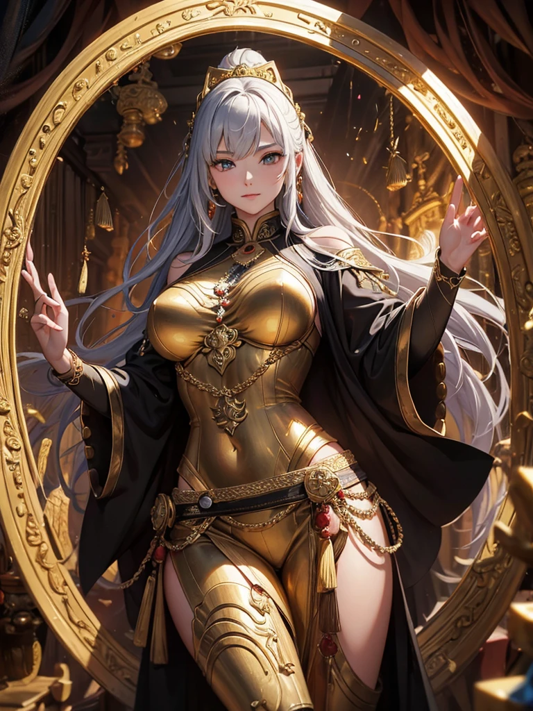 high resolution, highest quality, super high quality, super detail, ultra realistic, photorealistic, anime, illustration, fantasy, Northern Renaissance style, super beautiful goddess, mysterious, enchanting, sharp slit gold eyes, flowing layered side braided white hair, tattoos, huge breasts, abs, perfect proportion, full body, slender, black veil, wearing see-through robe embroidered with gold, background galaxy, magic circle, kaleidoscope, rainbow and gold neon light many lines