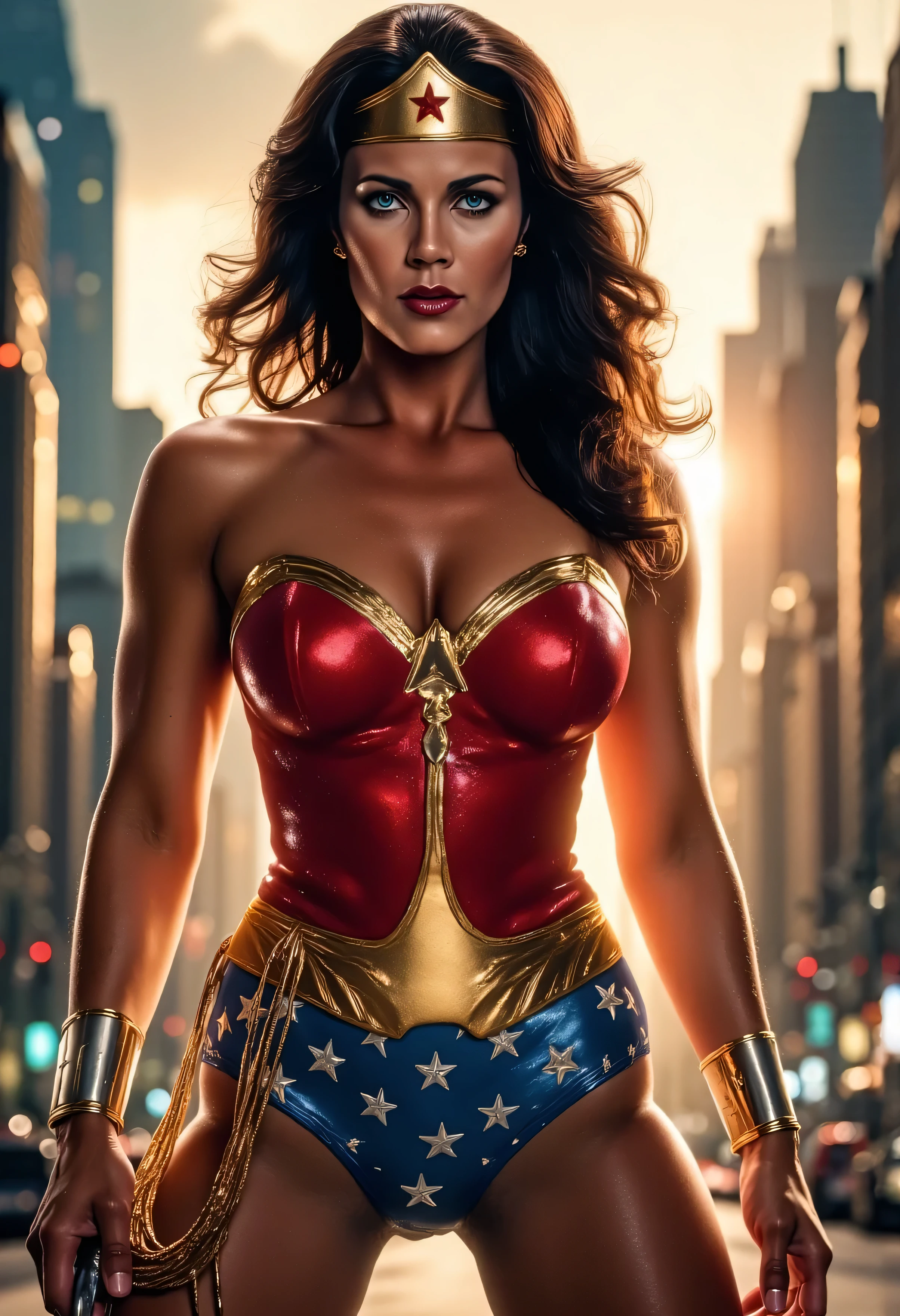 Masterpiece, Best quality, (Solo), (1girl), (photorealistic1.4), (epiCRealLife:1.0), (show large breasts), (show cleavage)),, (European model), (young woman), (JenniferConnelly90). (Wonderwoman768 ), (lynda-carter-ww-costume), (black hair), (blue eyes), (latex bodysuit),, (Wonderwoman768 tiara), ((armored bands), (red lipstick), , (spotlight), (night time), (at night), (flash photography), (on New York Street), (earring), (tiera), (demure), 