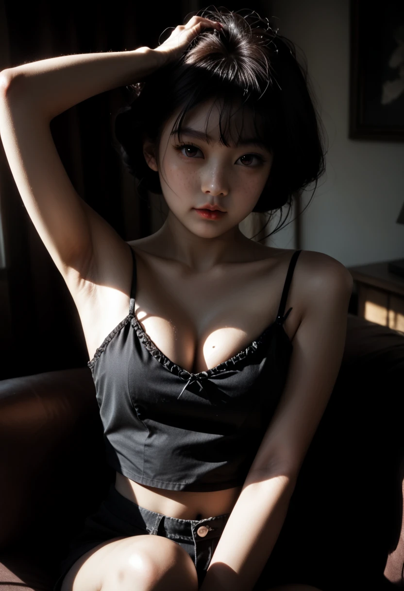 (masterpiece),(Intricate details),One girl,Mature Woman,Bobcut,,Pale skin,Large Breasts:1.49, Brown eyes,Laugh and take a break ,rib cage,Pleated skirt,Thick thighs:0.5, Plump:0.5,((Loose socks,Talk)), ((Lying anywhere)),((Upper Body,Portraiture)),From below:1.2,Depth of written boundary,Displaying the viewer、((Sexy panties in full view:1.2))、((Spread your legs wide:1.2))