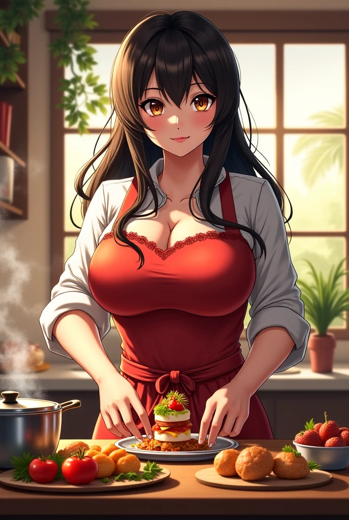 A girl in a micro bikini making a large amount of naan curry Touching her chest