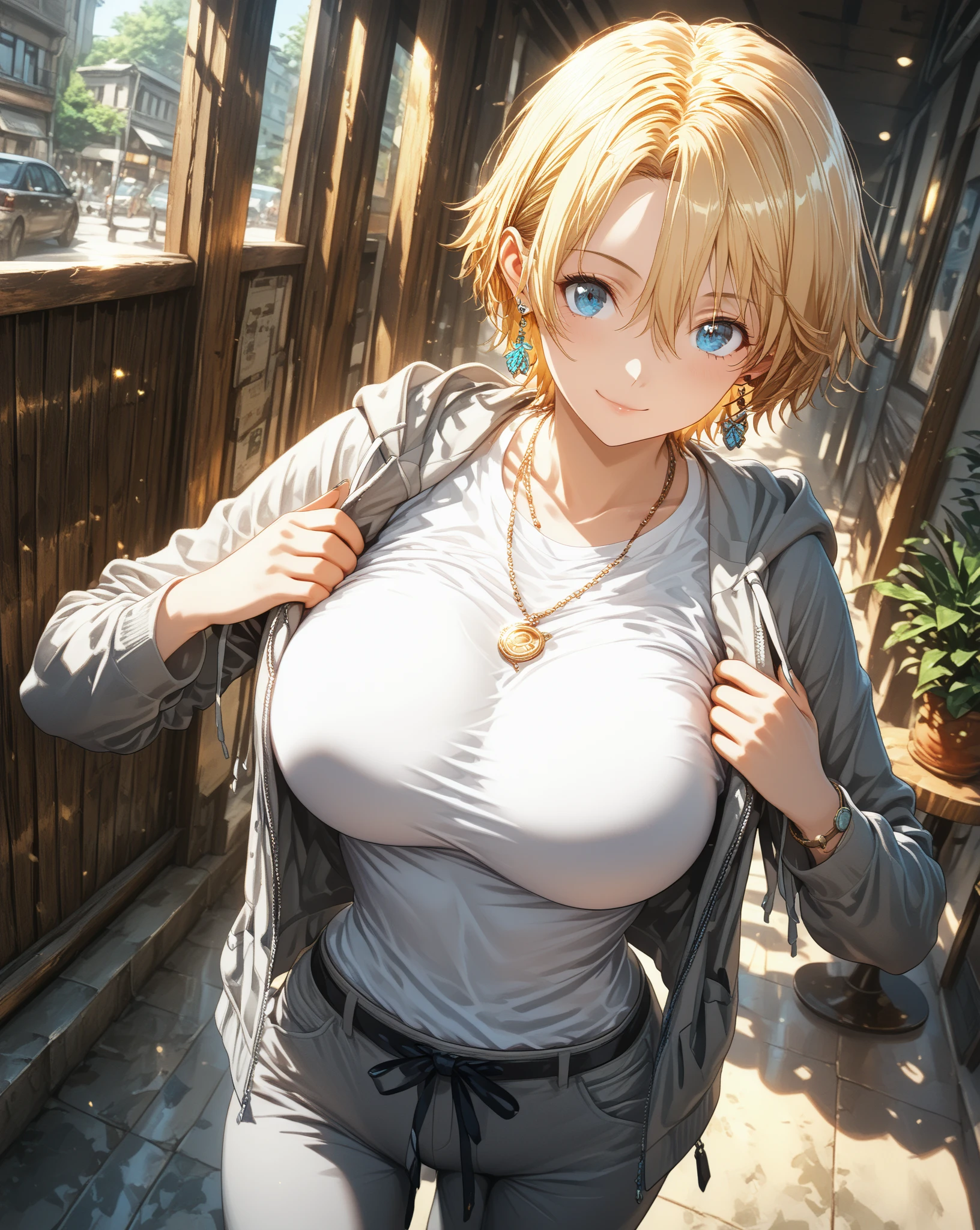 asuna (blue archive), 1girl, bare legs, blue eyes, (short sleeve turtleneck sweater), blurry, blurry background, blush, breasts, large breasts, (light brown blonde hair), (((extra short pixie cut))), (((pixie cut))), (((asymmetric pixie cut))), (((side parting pixie cut))), (((curly pixie cut))), (((messy pixie cut))), (((wavy pixie cut))), looking at viewer, solo, Beautiful girl, big, sea, emphasis on pussy, ((standing)), (spread legs), (happy face), (((nude))), (chubby), (((thick thighs))), (((big breasts))), (nipples), ((pussy)), (anal), ((extremely hairy pussy)), ((extremely hairy pubic hair)),