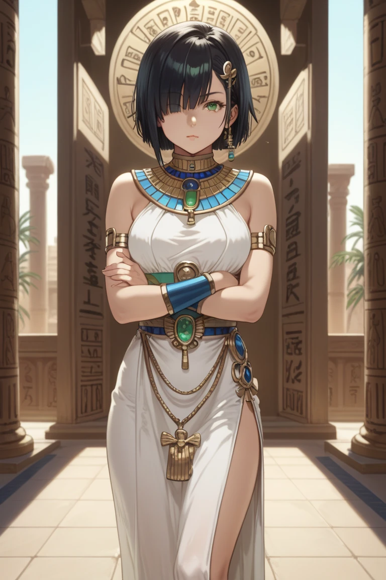 Illustrate an Egyptian pharaoh in anime style, featuring short black hair, a golden crown, a black dress adorned with blue and gold details. Place her in a simple background with exceptional volumetric lighting, highlighting a perfectly defined and well-proportioned body