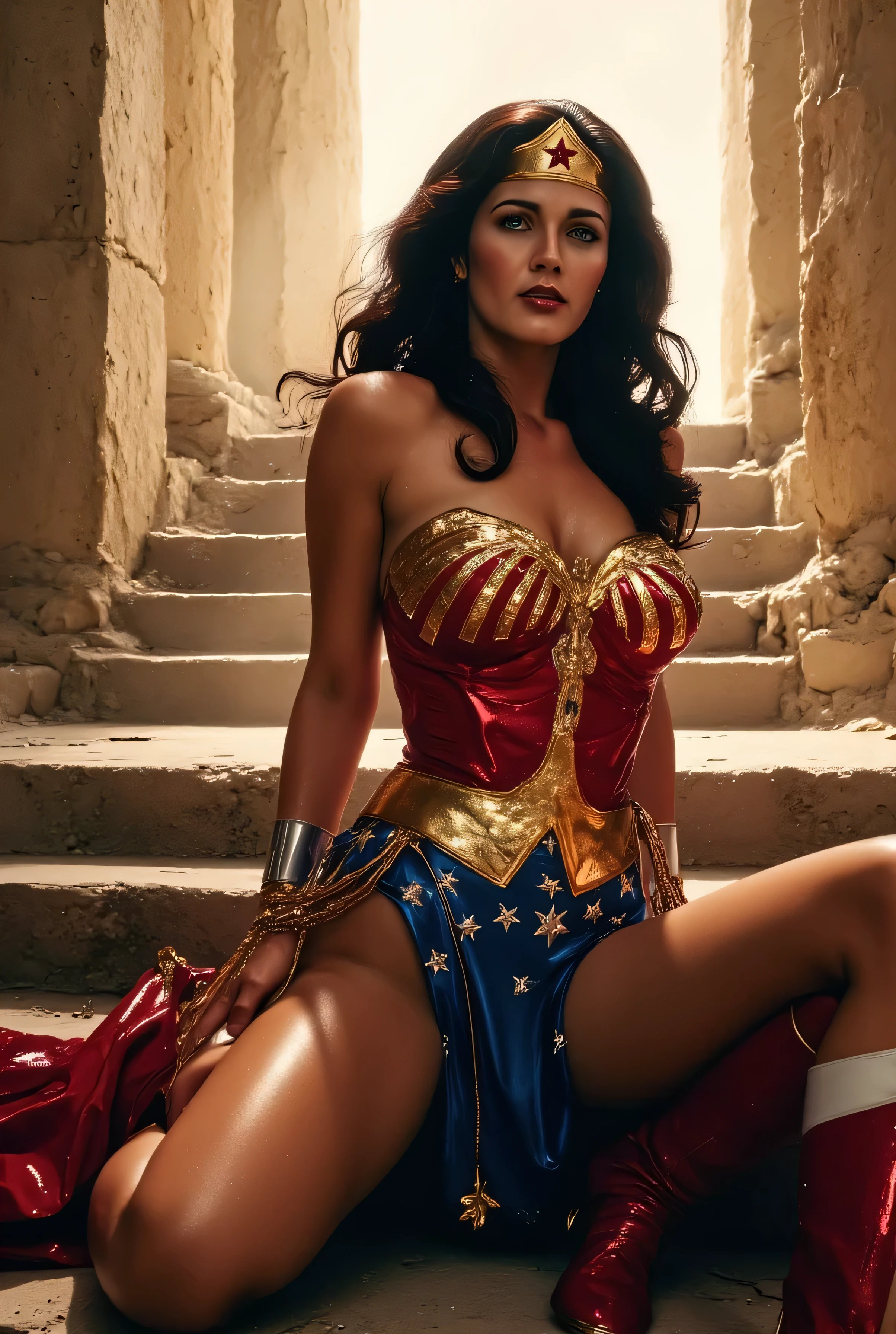 (Wonder Woman, reclining on ancient marble steps, golden lasso coiled at her side, strong yet serene expression, long dark hair cascading, red and gold armor without cape, muscular and elegant physique), soft sunlight filtering through broken temple columns, faint dust particles in the air, mythic atmosphere, (sakimichan), (score_9, score_8_up, score_7_up), 1dk, 8k, masterpiece, high quality, (Expressiveh:0.8)
