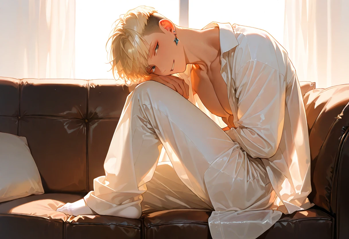 One wears a white short-sleeved top,Black shorts,A boy leaning back on the sofa,White hair,The head is tilted slightly to the left,The mouth is slightly open
