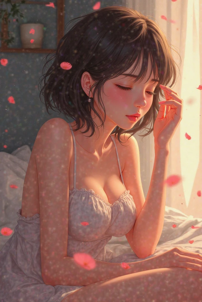 (safe for work)(full body picture, head to toe)(a woman in a sheer white dress looks surprised,startled,surprised,wondering,in awe,amazed,intrigued,curious,bewildered) (as an otter cuddles up,snuggles up,nuzzles into,settle down,rest,tucks itself,snuggles into,cuddle in) (between her breasts,against her chest,between her chest,close to her heart,close to her body,inside her arms) and goes to sleep. (material: oil painting,acrylic painting,canvas paint,watercolor painting) (additional details: beautiful garden,flower petals,floating petals,sunshine shining,sunlight filtering,glowing light,dappled light,soft breeze,peaceful) ((best quality,4k,8k,highres,masterpiece:1.2),ultra-detailed,(realistic,photorealistic,photo-realistic:1.37),vivid colors,HDR,sharp focus) (art style: realism,impressionism,romanticism) (color palette: pastel colors,soft hues,warm tones) (light: soft lighting,warm lighting,natural lighting)