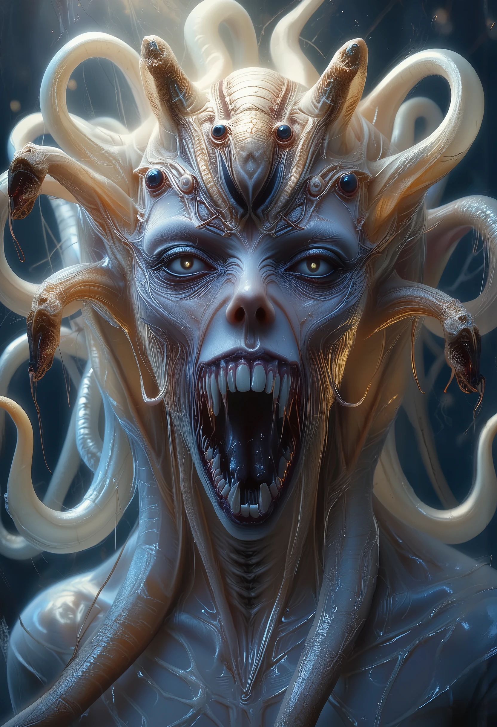(stuninng photo by professional photographer, Best Quality, 4K, 8k, High Resolution, Masterpiece: 1.2), (Super Detailed, realistic, photorealistic:1.37),(4 iridescent eyes:1.5), four eyes, scary and sexy detailed art in color, Portrait, (beautiful and obscene female alien:1.4), (vulgarity1.7), (Translucent white skin:1.4), (There is a female genital-like organ in the middle of the forehead:2.3), (The most beautiful face in the history of the universe:1.2), an evil gaze that seduces, (vampire fangs :1.0), Full body portrait, (bio luminescent:1.2),(Lots of translucent tentacles:1.8) , Neon Colored, in the deep sea, dramatic pose, four eyes, no maleup, Eyes like snakes that are not human