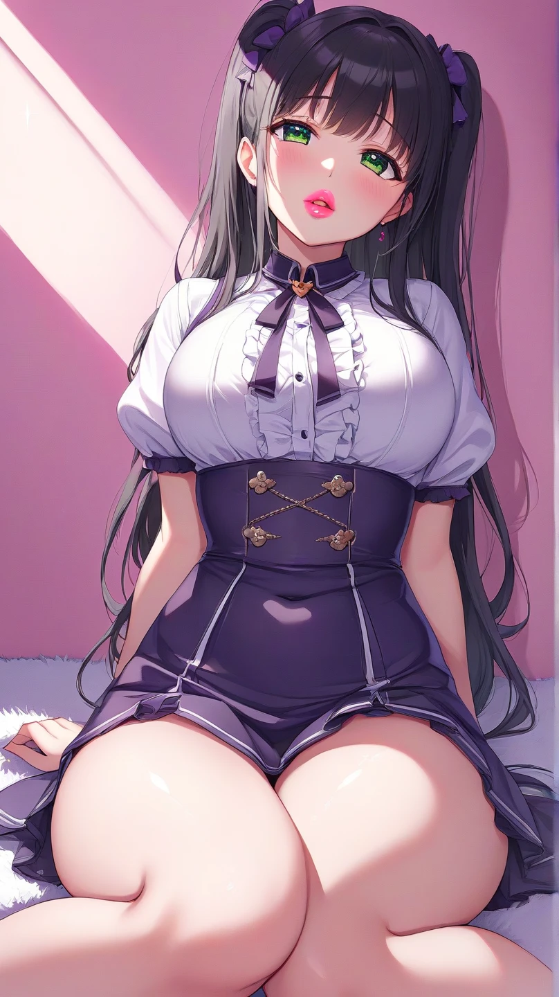 masterpiece, top-quality, 1girl in, A dark-haired, yellow eyes, length hair, Fluffy skirt、Raw feet、atlibrary、big breast beauty