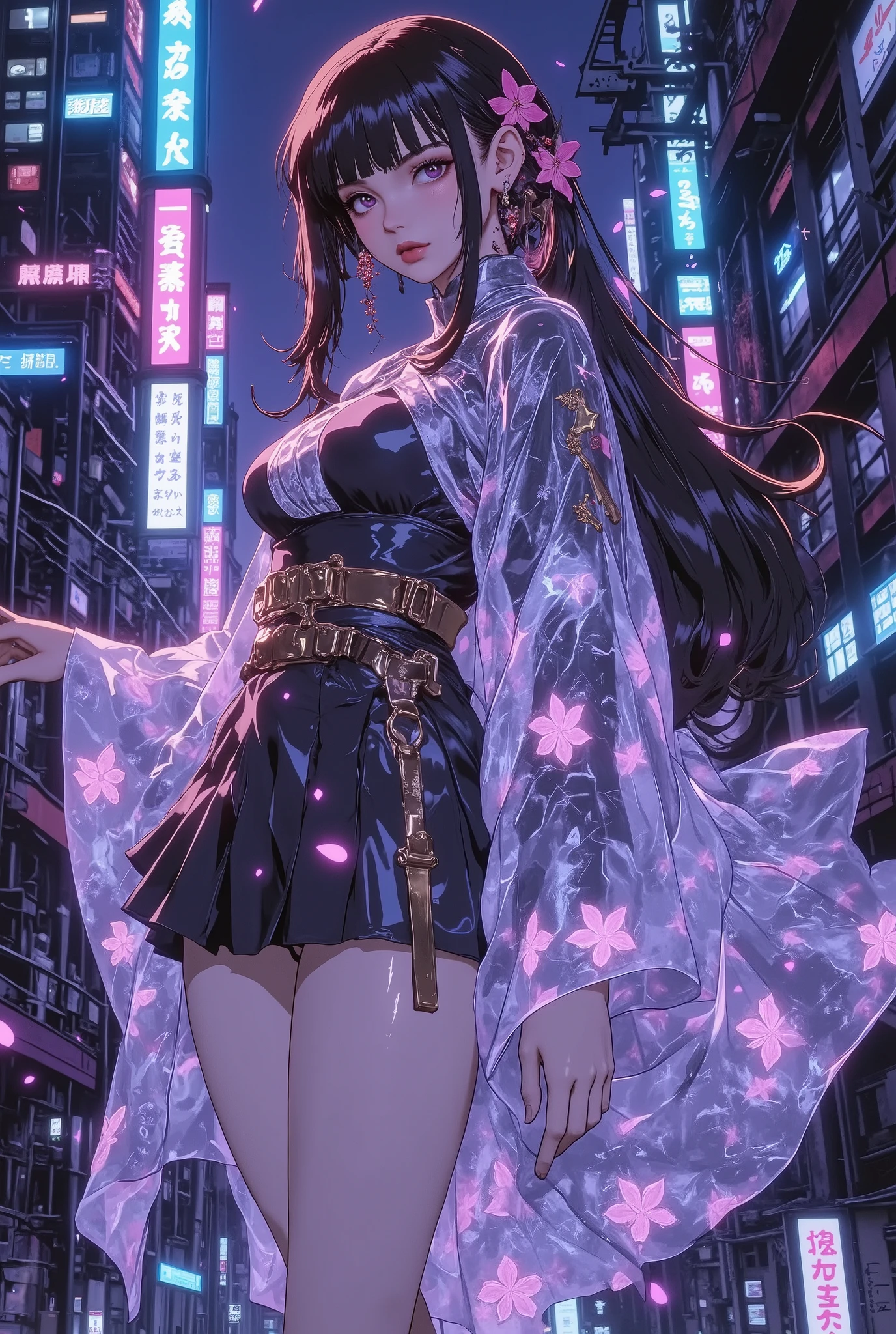 hand,Perfect hand,((The translucent glass-like cloak is tinged with a delicate and mysterious semi-illumination, and streaks of purple and blue light flow gracefully through the space))、((Translucent robe)).((Glass cloak))。A cyber-city at night. A translucent cloak with a fluid glass texture creates beautiful trails as it catches the wind, and a faint bluish-white semi-luminescence brings out its outlines. In the background are neon-lit skyscrapers. A dynamic low camera angle captures the moment when a female hunter with a toned figure leaps from the top of a building. Futuristic, cold-toned digital art, sharp details, cinematic composition.sakuya hime、, flared mini skirt。action,Dynamic composition.