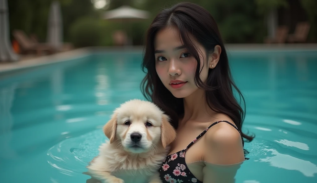 Create a photo of a 30 year old young woman, with long light brown hair tied in a ponytail with a lock of hair over her face, slender and beautiful body, completely naked, with white and clear skin, taking a bath in a pool with two black teenagers, dark-skinned, obese, ugly, low, with short hair who is wearing a blue dress and glasses