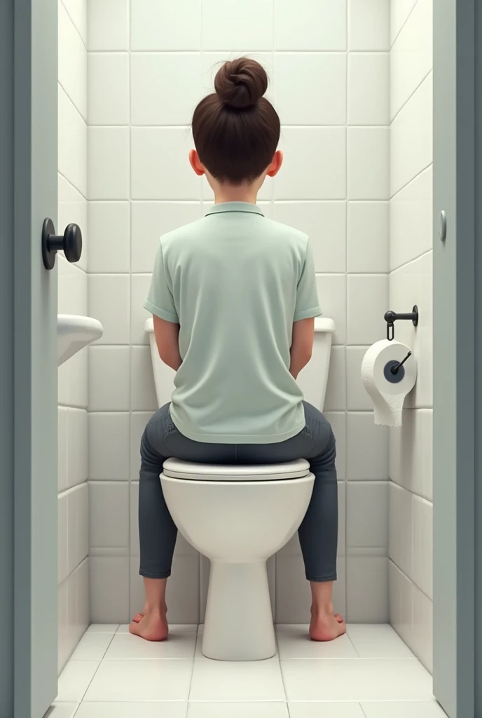 a young brunette haired boy wearing gray sweatpants and a black t shirt using a urinal that he has been desperate to use