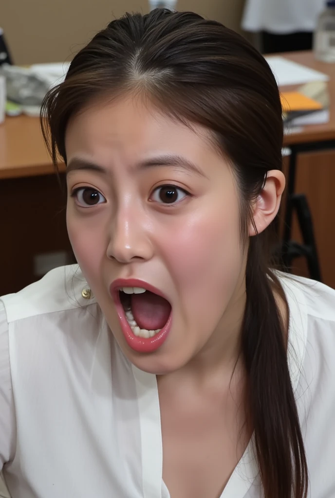 1 Girl,flying debris,,Award-winning photo, Very detailed, Edge Orgasm,Face Focus, (Open your mouth ), 30 years old、Black Hair、Shiny skin,From below、Realistic nostrils、Long and narrow nasal cavity,、Glass-walled office、(Modern interior office)、congestion、Are standing、((suit))、Big Breasts、(Sharp Nose)Frowning performance:1.4, concept,teeth,performance,facial performances,Frowning,Lift your head、very intense orgasm,frown,hyper realistic detail shiny skin,highly detailed ski,pores,real skin,