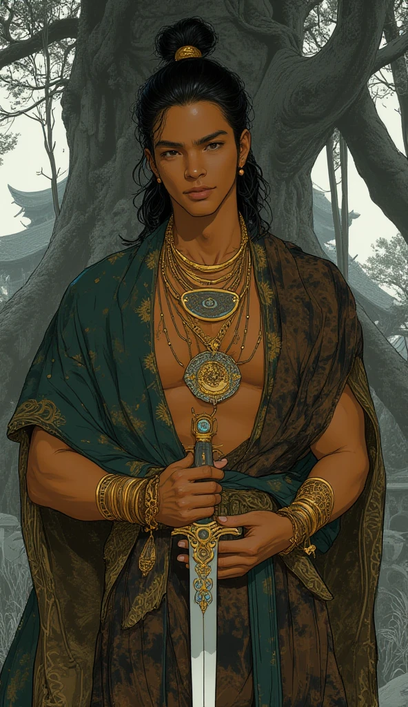 Colombia, year 300 AD, vintage metal embossing in the male native south american style of the time, handsome Cacique Maitamá, 33-year-old man. long, straight black hair down her back. Full-length-type image