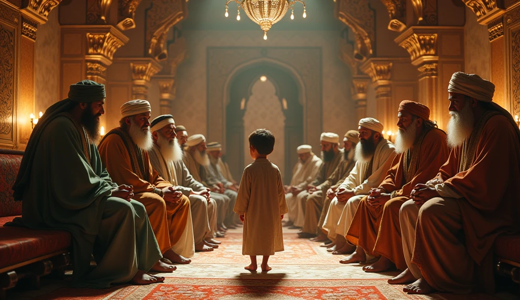 A middle-aged boy stands and has a beautiful cat on his lap and the boy has shackles on his hands and feet before him is a Sardar sitting on a large throne and around them are many jinns.