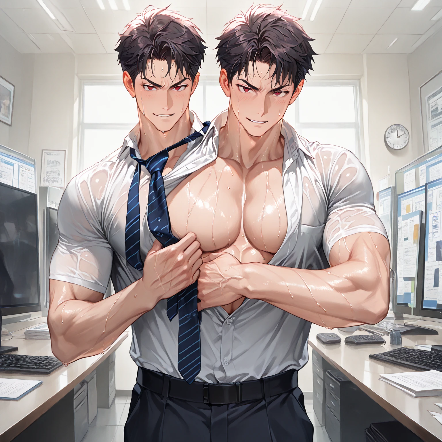 「Single male, Anime-like facial features、muscular and wearing a tie, suspenders, Shines(Shirtless with sweaty blood vessels floating)The appearance of the body and face of the American, Emphasis on the crotch,Hairs growing below the navel,Pose at the bar.Create a high-quality illustration based on this description."