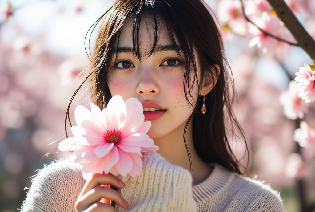 (A logo、masterpiece、8K、masutepiece、Raw photo、Fantastic、Best Quality、Photorealistic、extremely detailed CG unified 8k wallpaper、hightquality、ighly detailed、epic poem、Particle effect、Dynamic effects、depth of fields、Cinematic Light、Lens Flare、Ray tracing)、Fantasia、 (Beauty 1 person、White Japanese Clothing、Japanese dress、White cherry blossom pattern、White cherry blossom embroidery pattern、A dark-haired、Beautiful face、Real Face、Beautiful detail eyes、Beautiful skin)、Hair flutters in the wind、Hair jumps、Pink cherry blossom tree、Petals flutter、Sakura blizzard、Superb view、morning glow、Sun in the background、the wind、Deities、tusk、myth、Vast Land、